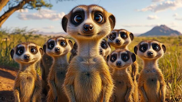 A group of cute meerkats standing alert in a grassy African landscape.