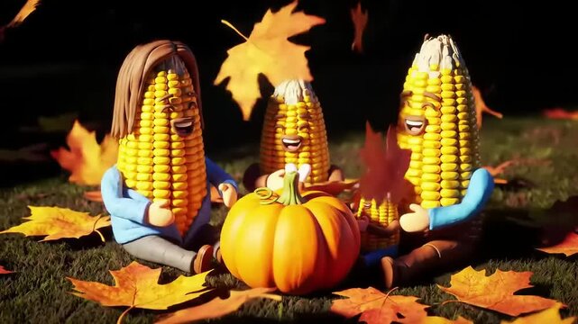 Corn shaped characters gather around a pumpkin in a meadow as autumn leaves fall on Thanksgiving Day, creating a whimsical and festive autumn atmosphere.