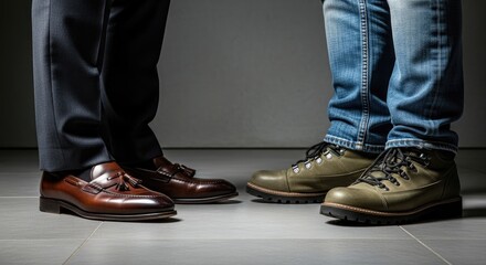 Footwear fashion diverse footwear choices formal wear with leather loafers and blue denim jeans with hiking boots