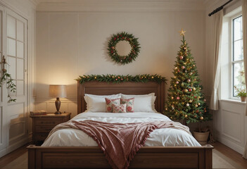 Interior of bedroom with Christmas tree, fir branches and mistletoe wreath. Front view. 3d rendering.