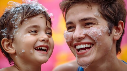 Happy father and child smiling together covered in soap bubbles during fun bath time, expressing joy, family bonding, and playful moments in bright colorful background full of love and laughter.
