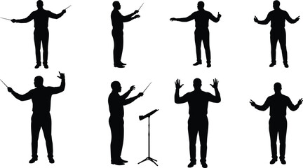 Silhouette orchestra conductor holding baton, directing musicians, music leader performing, symphony rehearsal, concert performance, classical art, music control, vector illustration
