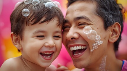 Happy father and child smiling together covered in soap bubbles during fun bath time, expressing joy, family bonding, and playful moments in bright colorful background full of love and laughter.