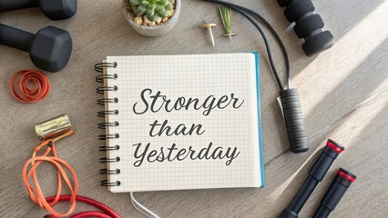 Obraz premium Motivational Fitness Quote on Notebook Surrounded by Exercise Equipment, Inspiration for Healthy Lifestyle Choices