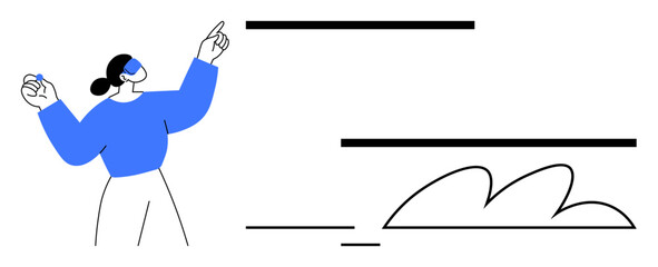 Woman pointing and gesturing at abstract horizontal lines and organic elements in clean composition. Ideal for communication, creativity, brainstorming, teamwork, organization, innovation, education