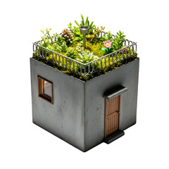 Miniature Concrete Building Features a Green Roof Garden with Succulents and Solar Panel