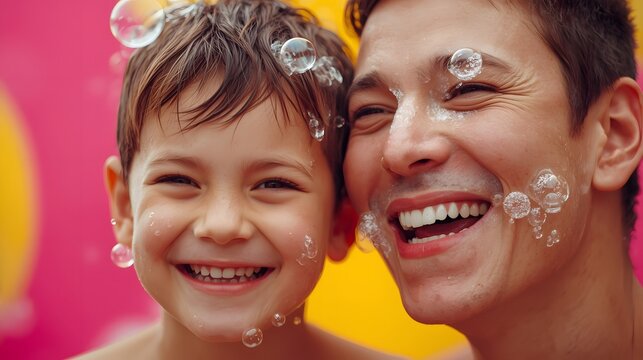 Happy father and child smiling together covered in soap bubbles during fun bath time, expressing joy, family bonding, and playful moments in bright colorful background full of love and laughter. - Powered by Adobe