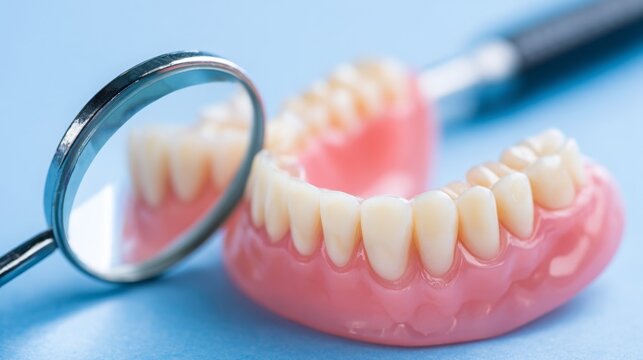 Dentures Dental Teeth Model with dentist mouth mirror. Complete denture or full denture on blue background.