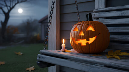 Fototapeta premium A carved jackolantern with a lit candle sits on a porch swing on a spooky, moonlit halloween night, with fallen leaves scattered around