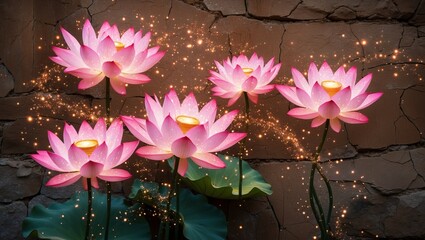 a stunning illustration of Luminous Fantasy Lotus Flowers on a textured, worn, stone wall with visible cracks and crevices, featuring glowing pink blossoms