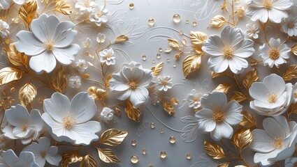 Floral wallpaper with white flowers and gold leaves. Elegant wall mural with 3D blossoms. Abstract floral art for posters and prints.- generative ai