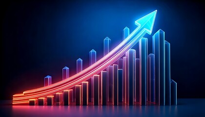 A neon-lit, futuristic chart depicts progress. Bars gradually increase in height with a vibrant upward arrow. Hints of business growth and data visualization are visible.