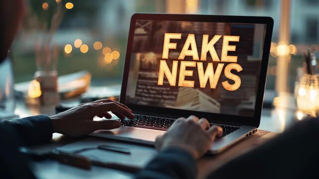 Person typing on a laptop with the words "Fake News" displayed on the screen.