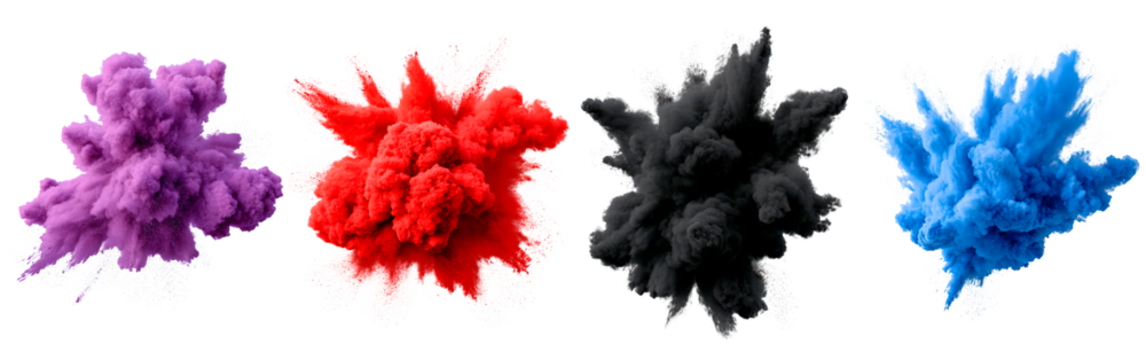 Vibrant explosions of colorful powder clouds in purple, red, black, and blue on transparent background