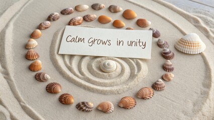 Peaceful sand arrangement with seashells and message promoting unity for tranquility and mindfulness experiences