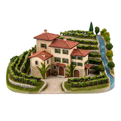 Miniature Vineyard Estate Model Displays Tuscan Villa with Grapevines and Stream Artistically