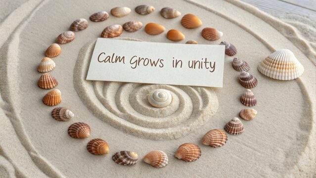 Peaceful sand arrangement with seashells and message promoting unity for tranquility and mindfulness experiences