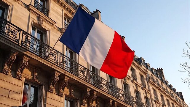French Flag Flying on a Building Facade in Paris