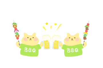 BBQ・ビールとバーべキュー串を持って乾杯するかわいい猫のベクターイラスト素材