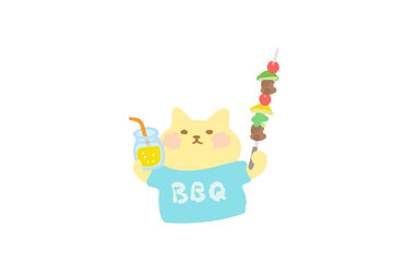 BBQ・ドリンクとバーべキュー串を持って乾杯するかわいい猫のベクターイラスト素材