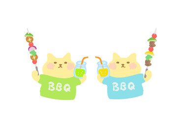 BBQ・ドリンクとバーべキュー串を持って乾杯するかわいい猫のベクターイラスト素材