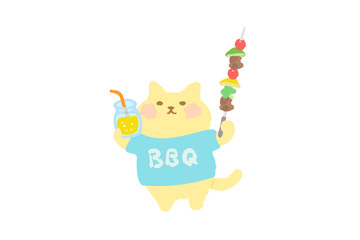 BBQ・ドリンクとバーべキュー串を持って乾杯するかわいい猫のベクターイラスト素材