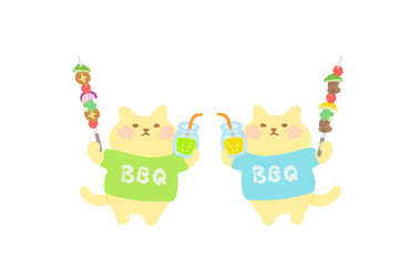 BBQ・ドリンクとバーべキュー串を持って乾杯するかわいい猫のベクターイラスト素材