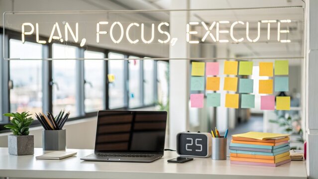 Modern Workspace with Inspirational Quote and Colorful Sticky Notes for Productivity and Organization