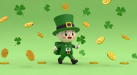 Fototapeta premium Animated Leprechaun Walking With Gold Coins and Clover on Green Background.