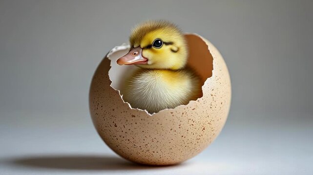Adorable yellow duckling hatching from a speckled egg, springtime concept.