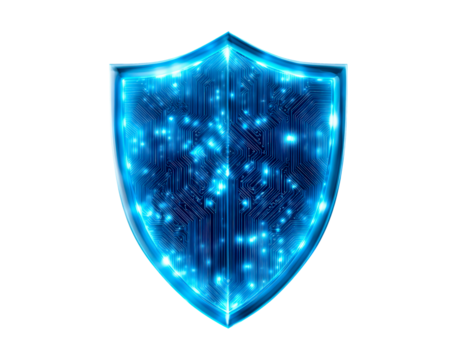 Futuristic digital shield with circuit patterns and blue glowing lights on transparent background