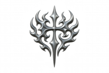 Metal cross design with tribal and gothic elements, stylized flames, silver emblem on transparent background
