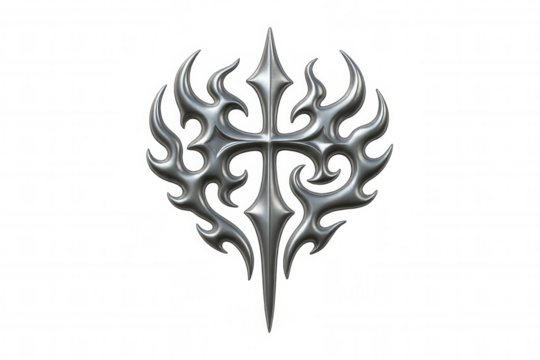 Metal cross design with tribal and gothic elements, stylized flames, silver emblem on transparent background