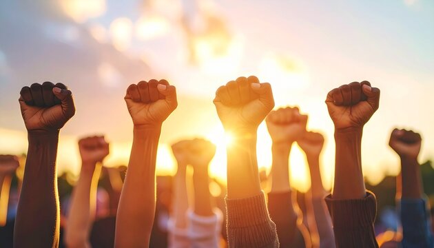 Diverse Raised Fists Symbolizing Unity, Protest, and Strength