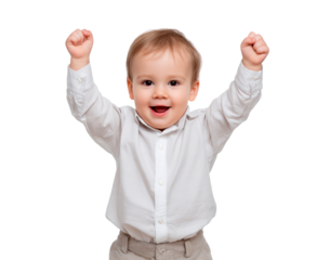 Joyful child celebrating with raised arms in white shirt on transparent background