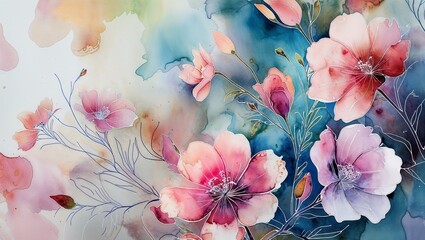 watercolor background with flowers and leaves. Abstract botanical illustration for posters&mdash;generative AI.