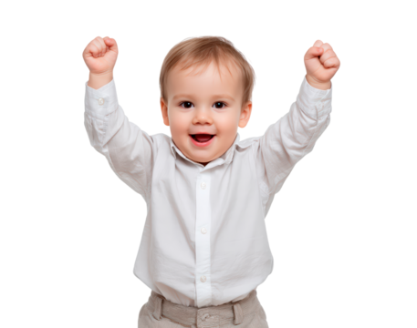 Joyful child celebrating with raised arms in white shirt on transparent background