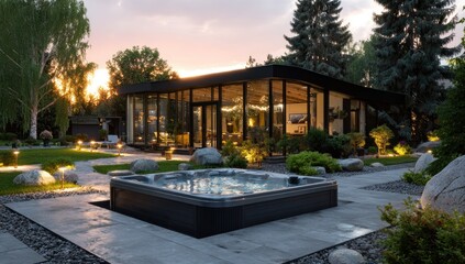 Obraz premium Luxury Backyard Oasis: Hot Tub and Modern Glass House at Sunset