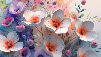 watercolor background with flowers and leaves. Abstract botanical illustration for posters&mdash;generative AI.