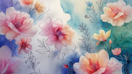 watercolor background with flowers and leaves. Abstract botanical illustration for posters&mdash;generative AI.