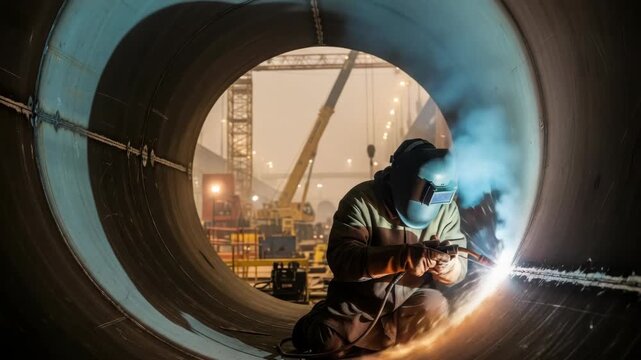 welder in helmet and gloves works inside massive metal pipe generating bright sparks and blue smoke Through the opening an industrial complex with large cranes is visible in the background