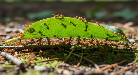 Ants teamwork carrying green leaf with cooperation, nature, and macro.