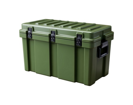 Durable military-style olive green storage box with secure locks on transparent background