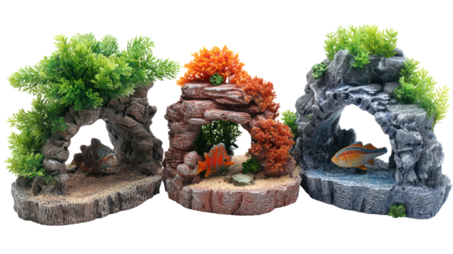 Three decorative aquarium rock caves with artificial plants and a goldfish isolated on transparent background