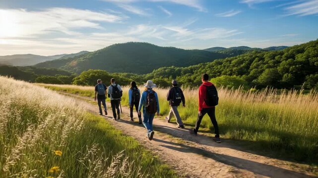 Six people hike on sunlit dirt path through golden tall grass Lush green hills stretch under bright blue sky with wispy clouds serene outdoor adventure scene