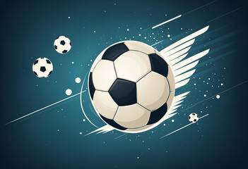 Naklejka premium fantasy soccer ball with wings flying through a dark blue sky with stars, creating a dynamic and creative illustration for a football championship or tournament.