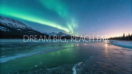 Majestic Northern Lights Over Tranquil Lake and Snowy Mountains with Inspiring Text Overlay at Dusk