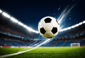 Obraz premium powerful soccer ball with a motion trail speeding across the grass toward the goal in a brightly lit professional stadium at night during a critical championship game.