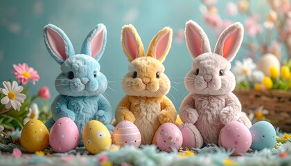 Obraz premium Three pastel-colored bunny plush toys sit with painted Easter eggs