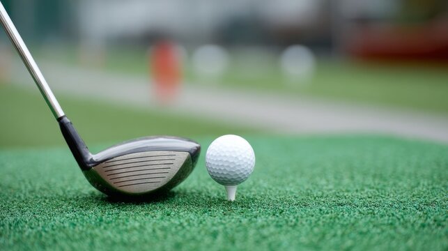 golf ball positioned behind a driver at a driving range, with lots of blank space and a blurry background.